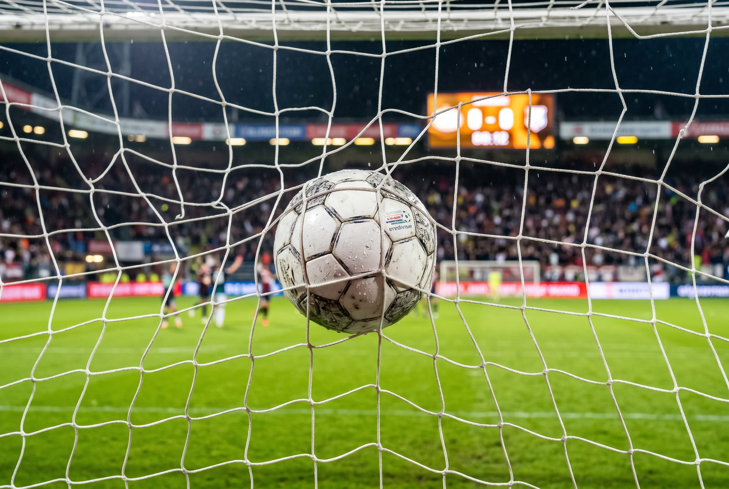 Voetbal in het doel met scorebord op de achtergrond tijdens een Eredivisie-avondwedstrijd