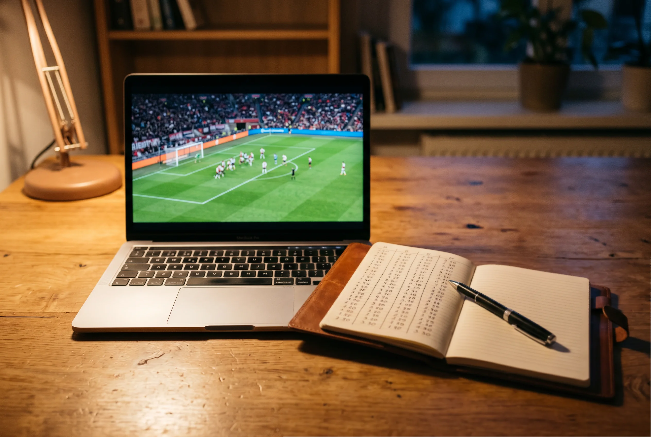 Laptopscherm met quoteringen van een Eredivisie-wedstrijd naast een notitieblok en pen