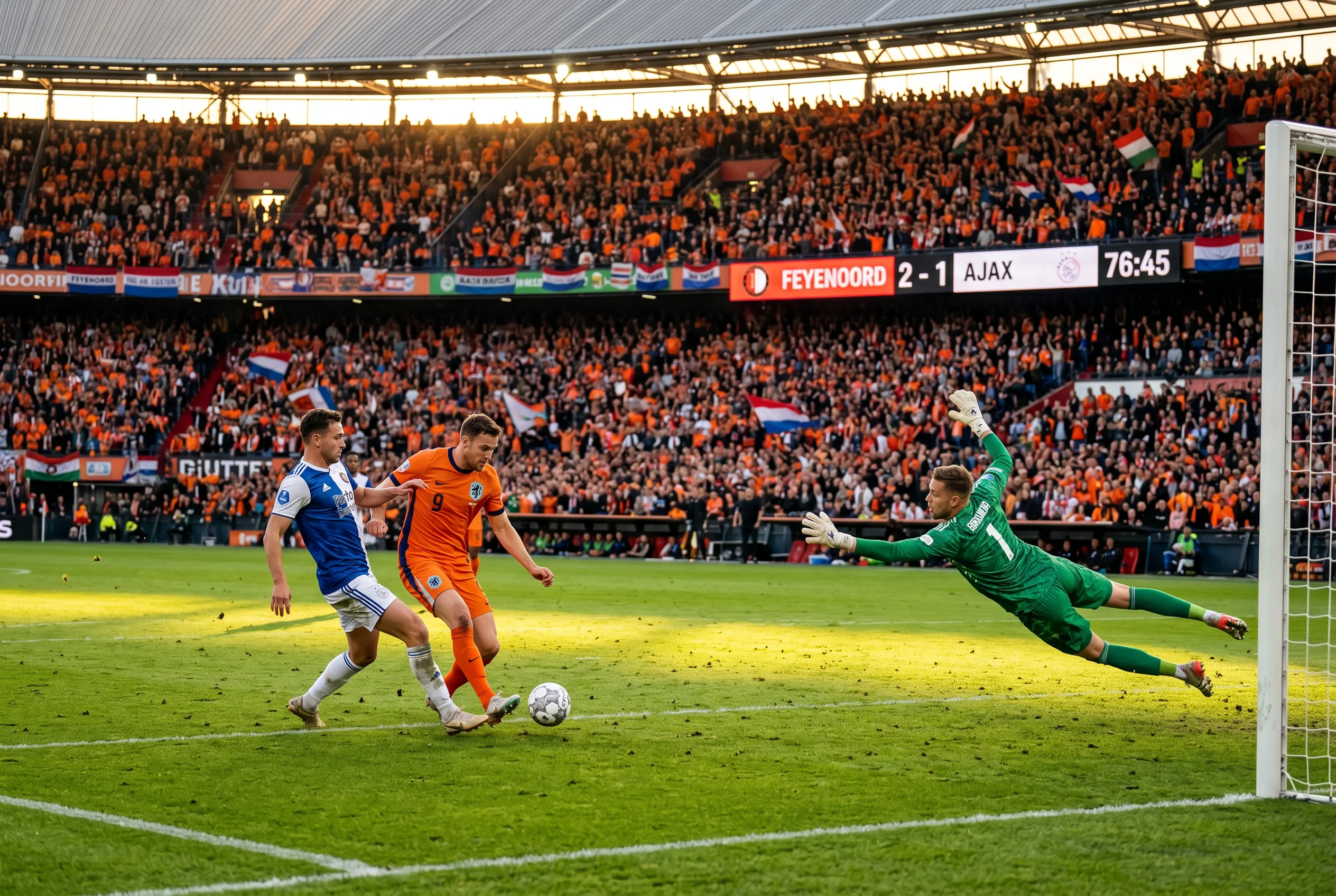 Eredivisie-voetbalwedstrijd in een vol stadion met het scorebord op de achtergrond