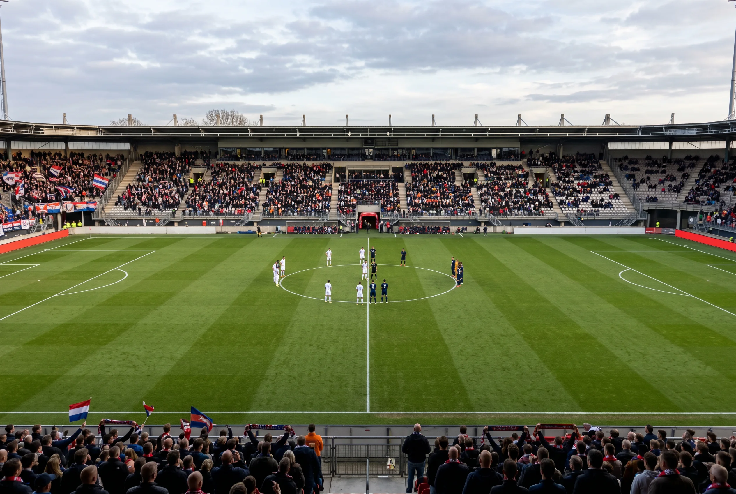 Eredivisie-speelveld met twee voetbalteams klaar voor de aftrap in een vol stadion