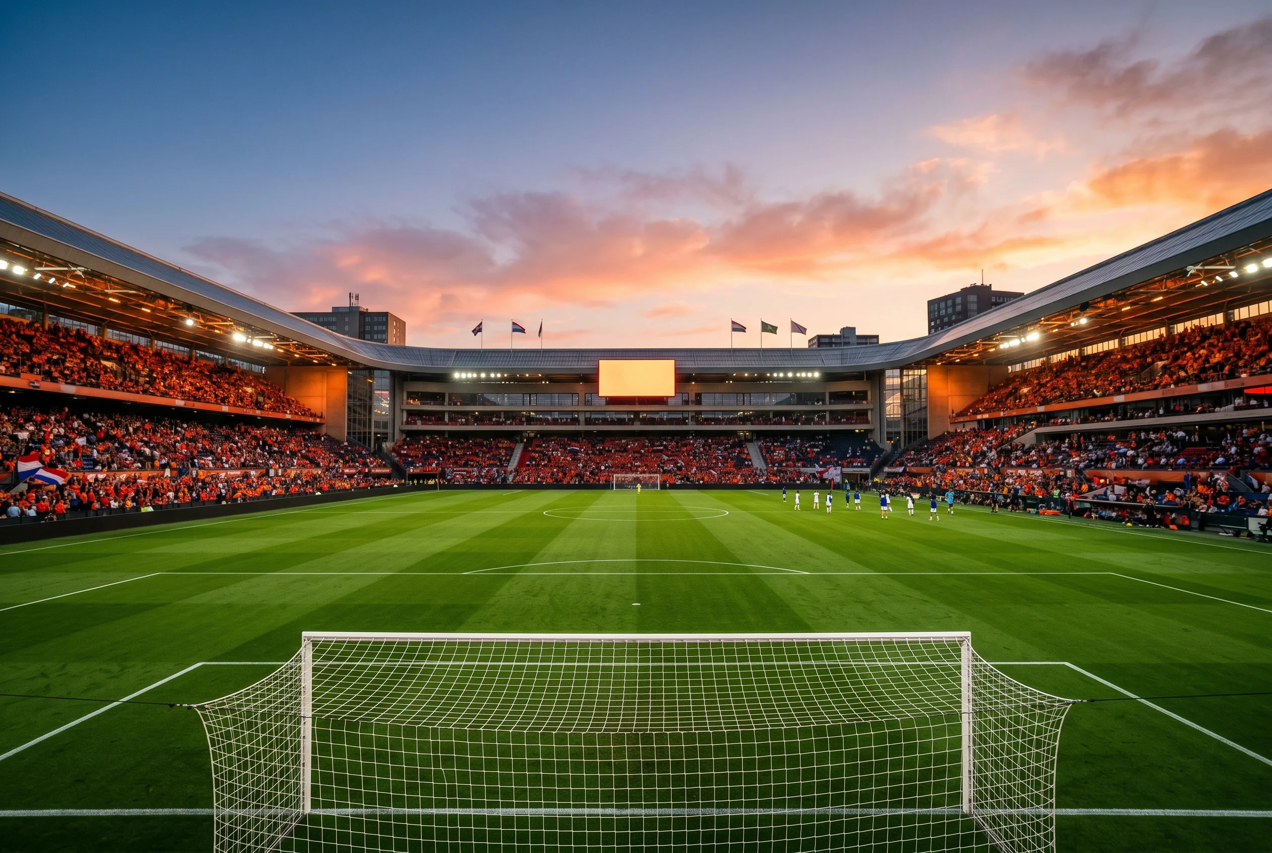 Eredivisie stadion bij avondlicht met scorebord en voetbalveld