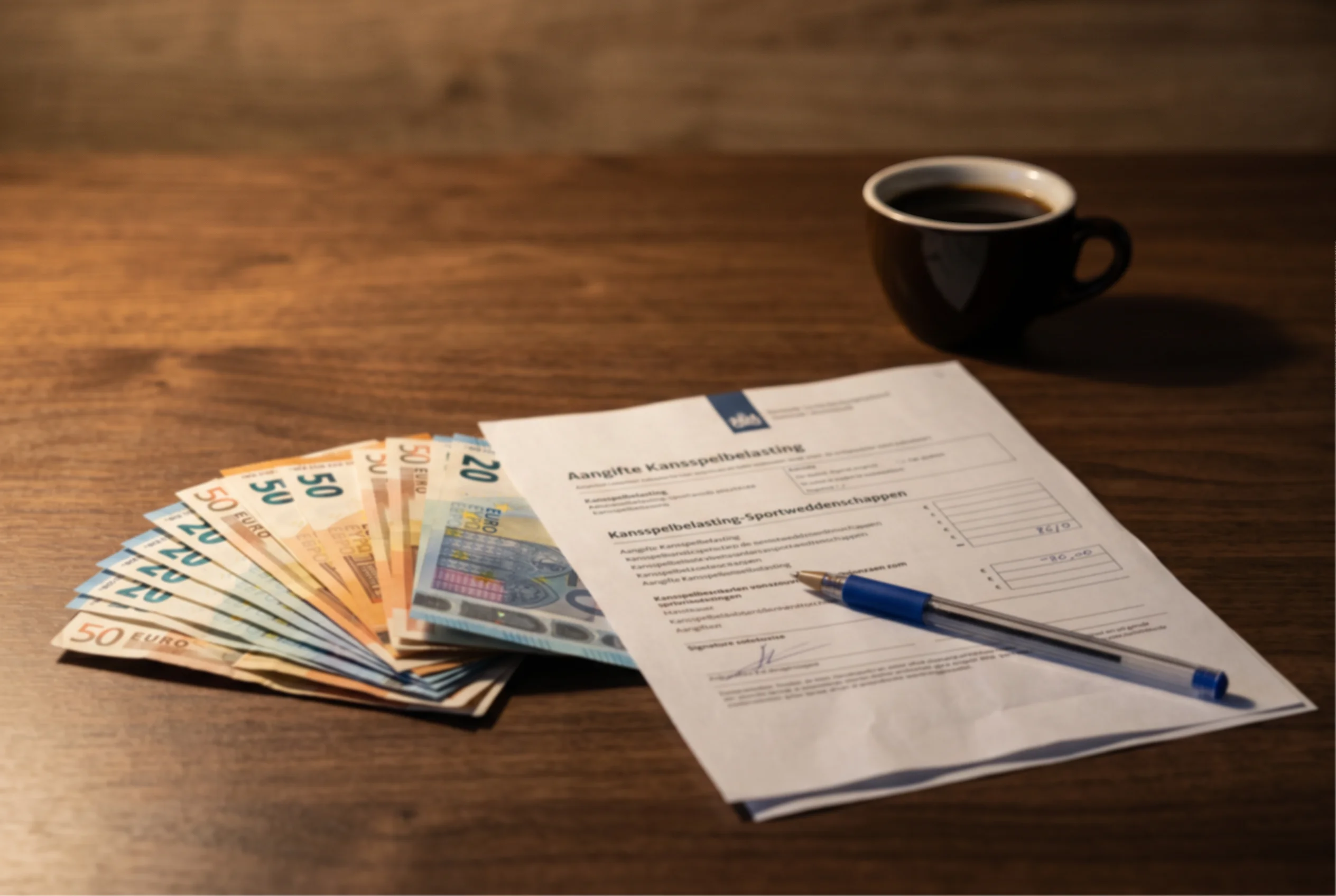 Nederlandse eurobiljetten naast een wedformulier onder warm licht