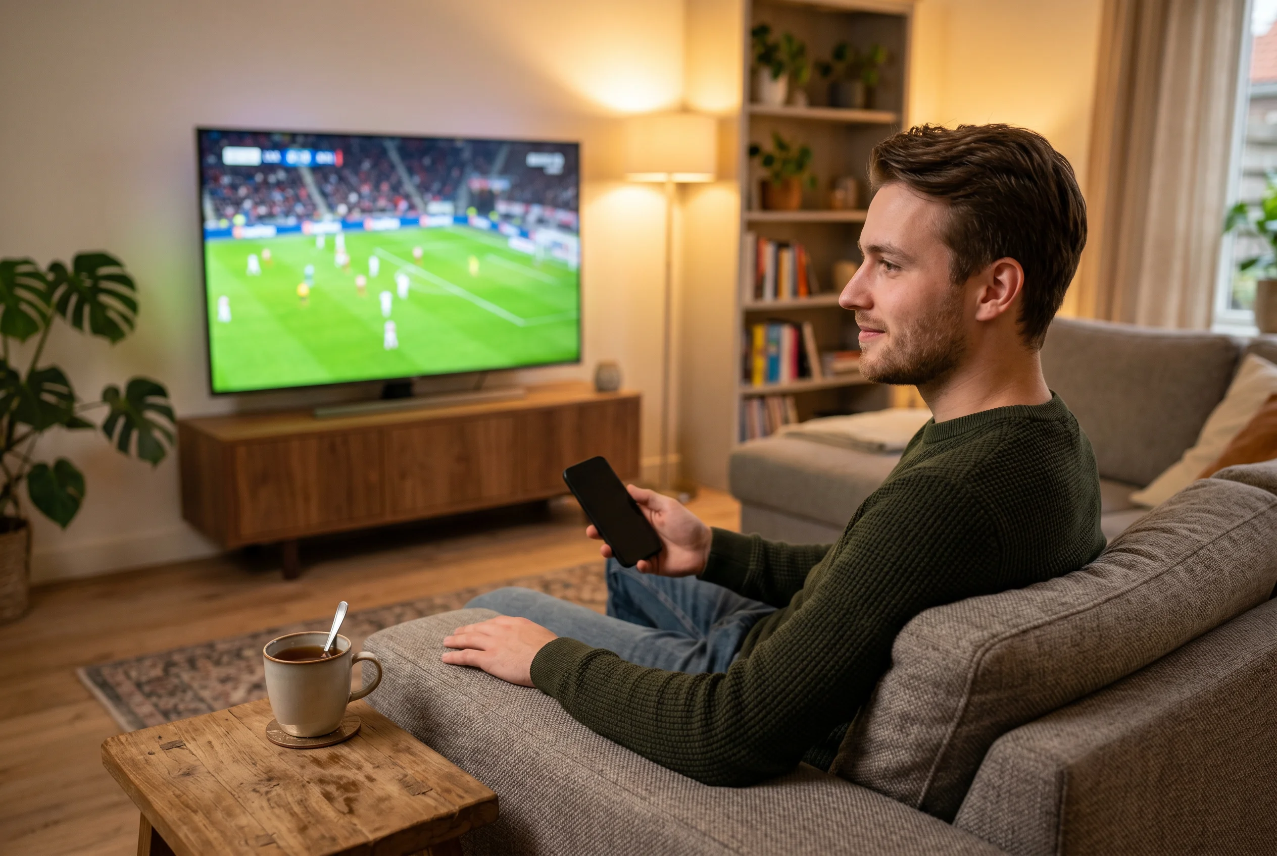 Persoon die rustig een voetbalwedstrijd kijkt op een telefoon met een kop koffie ernaast